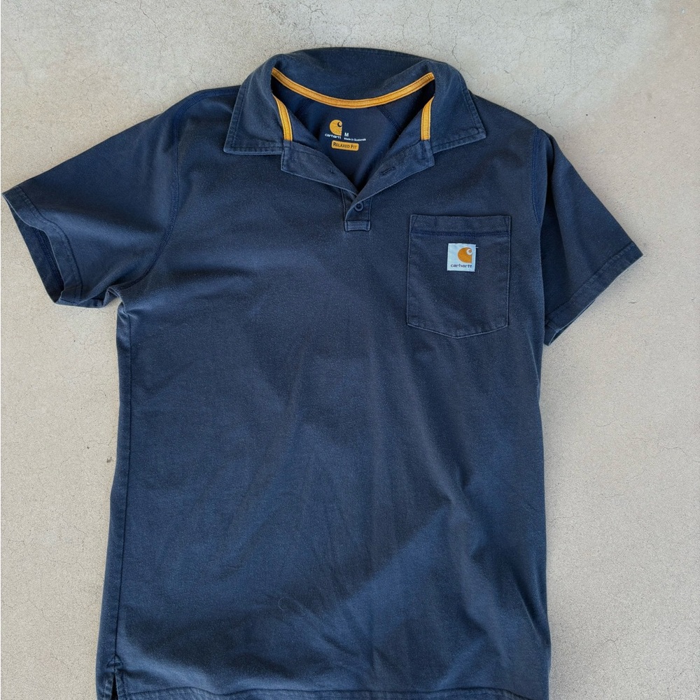 Carhartt Blue Polo Shirt with Yellow Trim